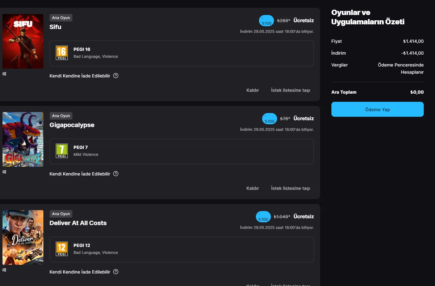 Epic Games Ücretsiz Oyunlar || 1414 TL Değerinde